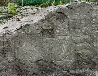 Prehistorie, rotstekeningen: grafrots met voorstellingen van herten, vee. Kopertijd. Eneolithische periode (chalcolithisch). Roche nr. 1. Cemmo (Brescia) Parco archeologico nazionale dei Massi di Cemmo, Italië door Prehistoric Prehistoric