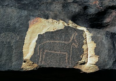 Prehistorie, rotstekeningen: grafrots van de voorstelling van een antilope. Steentijd 5000-2000 v.Chr. Taghit, Hoogplateau van de Hoggar (Ahaggar), Algerije door Prehistoric Prehistoric