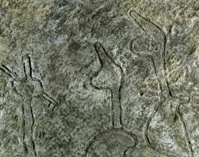 Prehistorie, rotstekeningen: petroglief (graffiti op steen) van een jachtscène. Neolithicum, steentijd. (Azerbeidzjan) Bronstijd. Bakoe, Azerbeidzjan Staatsreligie Geschiedenismuseum door Prehistoric Prehistoric