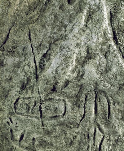 Prehistorie, rotstekeningen: petroglyf (graffiti op steen) van een voorstelling van een boot en een menselijke figuur. Neolithicum, Steentijd. (Azerbeidzjan) Bronstijd. Bakoe, Azerbeidzjan Staatsreligie Geschiedenis Museum door Prehistoric Prehistoric