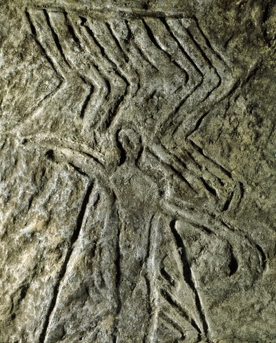 Prehistorie, rotstekeningen: petroglyph (graffiti op steen) van een voorstelling van een menselijke figuur. Neolithicum, Steentijd. (Azerbeidzjan) Bronstijd. Bakoe, Azerbeidzjan Staatsreligie Geschiedenis Museum door Prehistoric Prehistoric