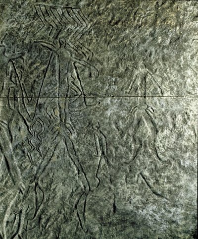 Prehistorie, rotstekeningen: petroglyf (graffiti op steen) van menselijke figuren. Neolithicum, Steentijd. (Azerbeidzjan) Bronstijd. Bakoe, Azerbeidzjan Staatsreligie Geschiedenis Museum door Prehistoric Prehistoric