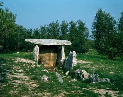 Prehistorie: zicht op de dolmen van Chianca met zijn ingangskorridor. Steentijd, Neolithicum. 6e-3e eeuw v.Chr. Bisceglie, Puglia, Italië door Prehistoric Prehistoric