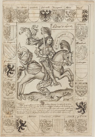 Maximiliaan, Hertog van Oostenrijk, te Paard door Primary Master of the Strassburg Chronicle