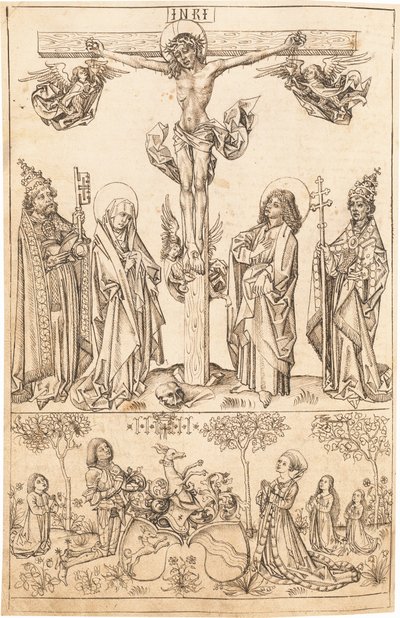 De kruisiging met de Maagd en heiligen en de Hungerstein-familie door Primary Master of the Strassburg Chronicle