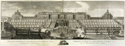 Uitzicht op het Grote Paleis in Peterhof, 1761 door Prokofy Artemyevich Artemyev