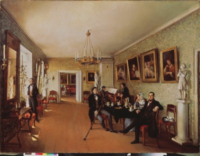 Een familiescène door Prokophy Egorovich Pushkaryev