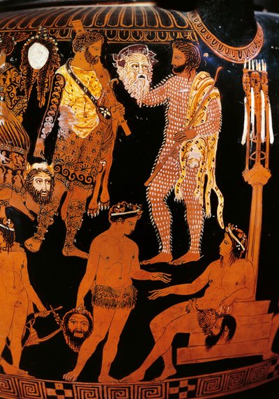 Vaas van Pronomos, krater met rode figuren (detail) door Promonos Painter