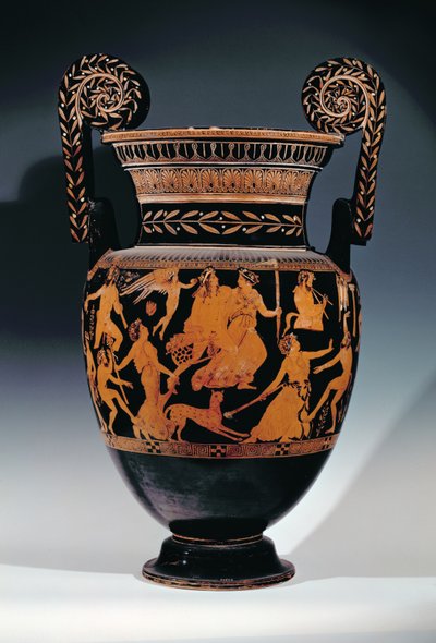 Attische roodfigurige volute-krater, versierd met een scène van acteurs en muzikanten die zich voorbereiden op een voorstelling, Grieks, uit Ruvo, 5e eeuw v.Chr. door Pronomos Painter
