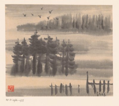 Vogels boven boslandschap door Prosper Alphonse Isaac