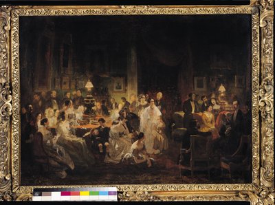 Emile Jean Horace Vernet (1789-1863) bespreekt de uitvinding van de daguerreotypie in de salon van Monsieur Irisson door Prosper Lafaye or Lafait