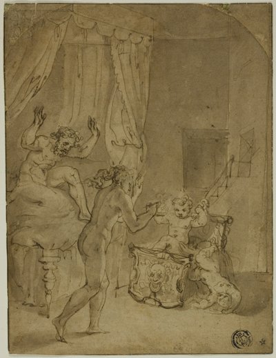 De jonge Hercules wurgt slangen in zijn wieg (recto); Gekroonde vrouw knielend in landschap, en andere schetsen (verso) door Prospero Fontana