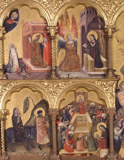 Polyptiek van de Ontslaping van de Maagd, detail (St. Gregorius de Grote bidt voor de Verlossing van de Ziel van Trajanus uit het Vagevuur, de Aankondiging, de Vlucht naar Egypte en Jezus met de Dokters) door Pseudo Jacopino di Francesco