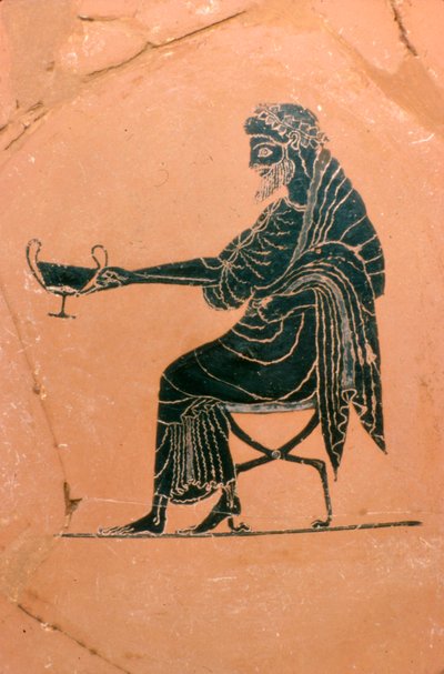 Detail van Dionysus zittend, Griekse plaat, geschilderd door Psiax, c520 v.Chr. door Psiax