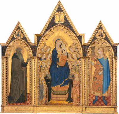 Madonna en Kind op de Troon met Heiligen en Engelen, en Heiligen Antonius Abt en Venantius door Puccio di Simone and Allegretto Nuzi