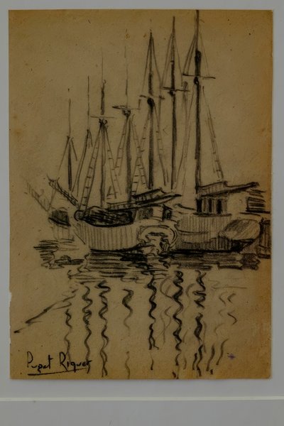 Zeilboten, Narcís Puget Riquer, houtskooltekening, museum Puget, adellijk huis van Can LLaudis, Dalt Vila, Ibiza, Balearen, Spanje door Puget Riquer