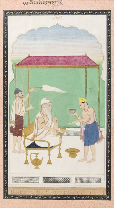 Ranjit Singh zittend op een gouden stoel, bijgestaan door een morchal-drager, c.1830 door Punjabi School