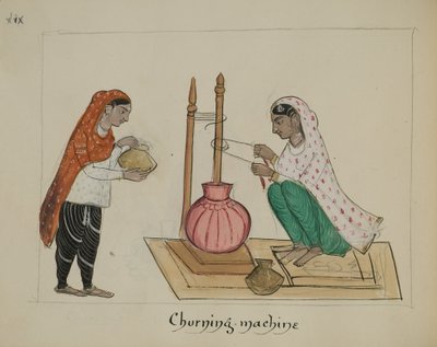 Twee vrouwen met een karnmachine door Punjabi School