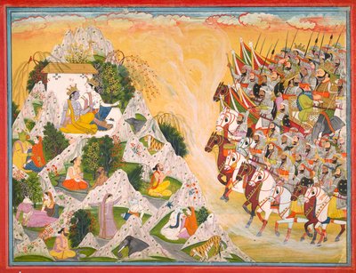 Het leger van Jarasandha trekt op naar Krishna en Balarama, folio uit een Mahabharata, ca. 1800-1815 door Purkhu