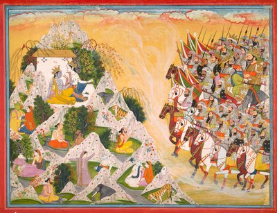 Het leger van Jarasandha trekt op naar Krishna en Balarama, folio uit een Mahabharata, ca. 1800-1815 door Purkhu of Kangra