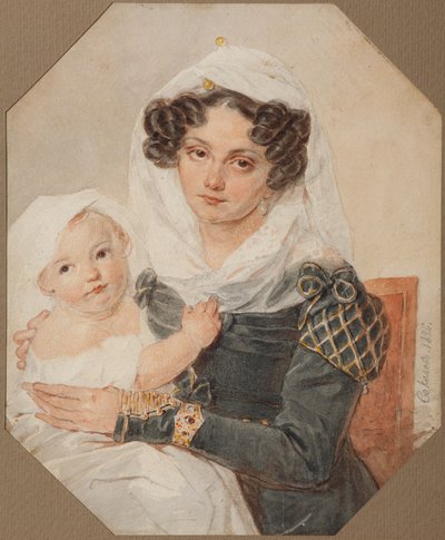 Portret van gravin Maria Nikolajevna Volkonskaja 1805-1863 met zoon Nikolaj, 1826 door Pyotr Fyodorovich Sokolov