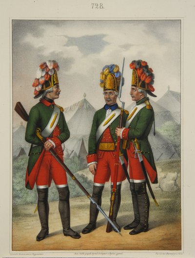 Grenadiers van het Preobrazhensky, Semenovsky en Izmailovsky Regiment in 1763-1775, begin jaren 1840 door Pyotr Ivanovich Razumikhin