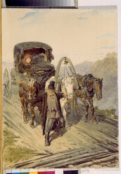 Troika (Russische slee getrokken door drie paarden) door Pyotr Petrovich Sokolov