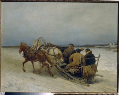 Troika in de winter (Russische slee getrokken door drie paarden) door Pyotr Petrovich Sokolov