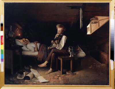 Een gekke violist aan het sterfbed van zijn moeder. In een armoedige kamer, geïnstalleerd op de zolder, rust een dode vrouw in haar bed met haar handen gevouwen op haar borst, onder een kruis verlicht door de vlam door Pyotr Sysoyevich Kosolap