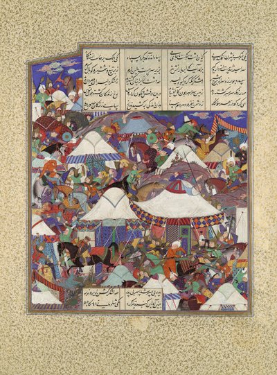 Het dronken Iraanse kamp aangevallen in de nacht, Folio 241r uit de Shahnama, ca. 1525-30 door Qadimi