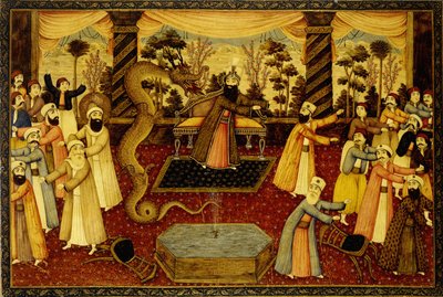 En hij wierp zijn staf neer, en deze veranderde in een slang, en Mozes vluchtte ervoor, ca. 1860-70 door Qajar School