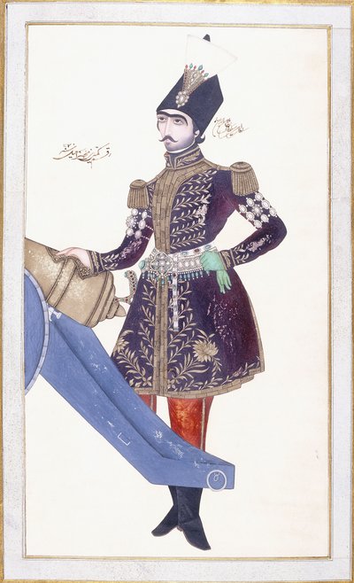 Portret van Nasir al-Din Shah, hand rustend op een kanon, c. 1853-4 door Qajar School