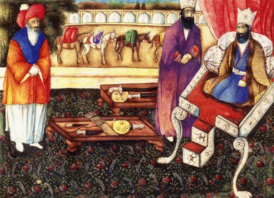 Salomo ontvangt geschenken van de koningin van Sheba, ca. 1863-4 door Qajar School