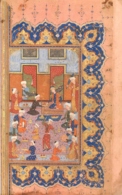 Een scène van gezelligheid aan het hof, Folio uit een Divan Verzamelde werken van Mir 