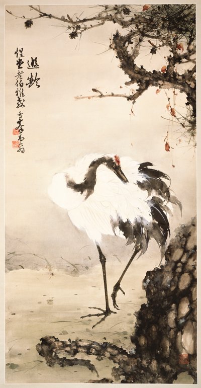 Kraanvogel onder een dennenboom door Qifeng Gao
