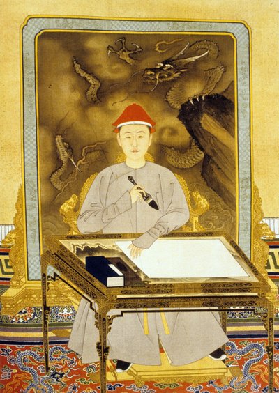 Heng Tsu of Kangxi, Keizer van China aan zijn schrijftafel door Qing Dynasty   Kangxi Period Chinese School