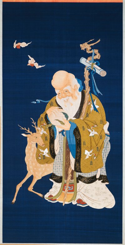 Grote kesi-hangrol met Shoulao die een perzik vasthoudt, een wortelhouten staf met een drakenkop omarmend naast een hert en twee vleermuizen in vlucht, 1796-1820 door Qing Dynasty Chinese School