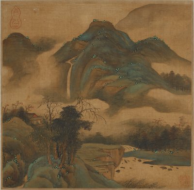 Kijken naar een waterval vanuit een berghut door Qing Dynasty Chinese School