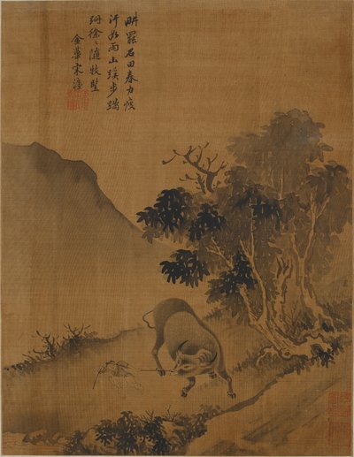 Herderjongen trekt waterbuffel door Qing Dynasty Chinese School
