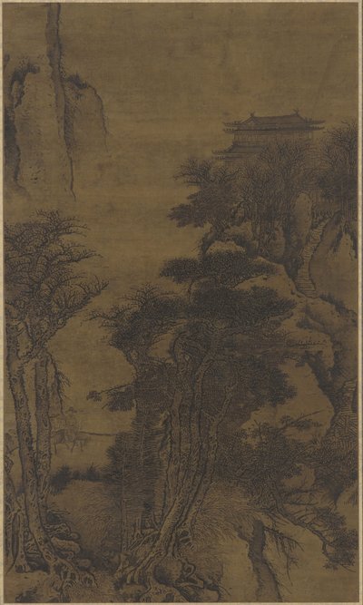 Landschap met tempel en reizigers door Qing Dynasty Chinese School