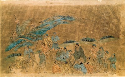 De Chinese filosoof Confucius omringd door zijn discipelen door Qing Dynasty Chinese School