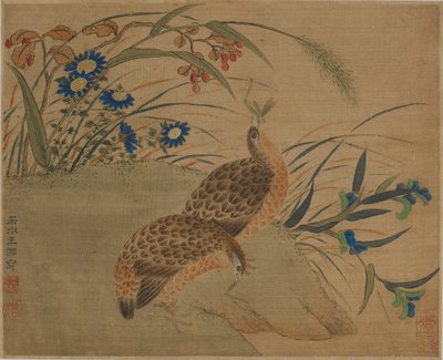 Twee kwartels eten sprinkhanen onder bloemen door Qing Dynasty Chinese School