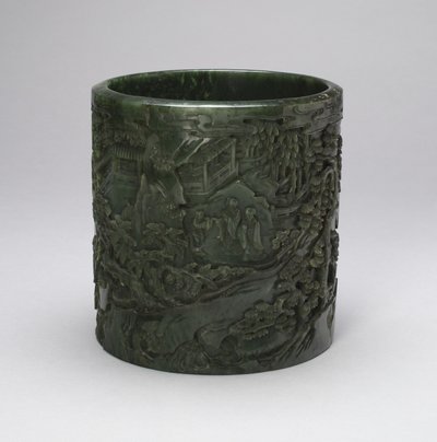 Penseelpot met Geleerden en Bedienden in een Bergachtig Landschap door Qing Dynasty Chinese School