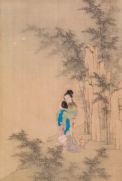 Twee figuren die elkaar omarmen in landschap door Qiu Ying