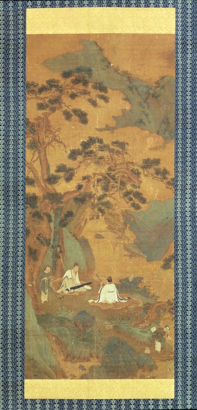 Twee geleerden die de Qin en Erhu spelen onder een dennenboom door Qiu Ying