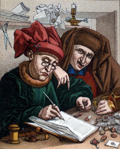 Geldschieters. Deze activiteit leidde tot de oprichting van banken. Illustratie geïnspireerd door Metsys