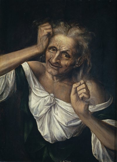 Oude Vrouw die aan haar Haar Trekt door Quentin Massys or Metsys