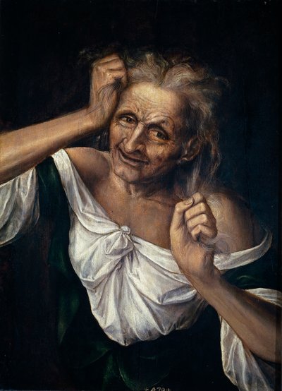 Oude Vrouw die aan haar Haar Trekt door Quentin Massys or Metsys