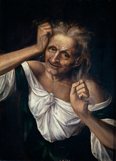 Oude vrouw die aan haar haar trekt door Quentin Massys or Metsys