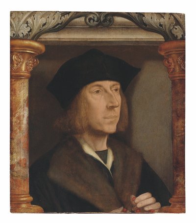 Portret van een heer, buste-lengte, in een bontgevoerde jas, een rozenkrans biddend, geplaatst in een architecturale omlijsting door Quentin Massys or Metsys
